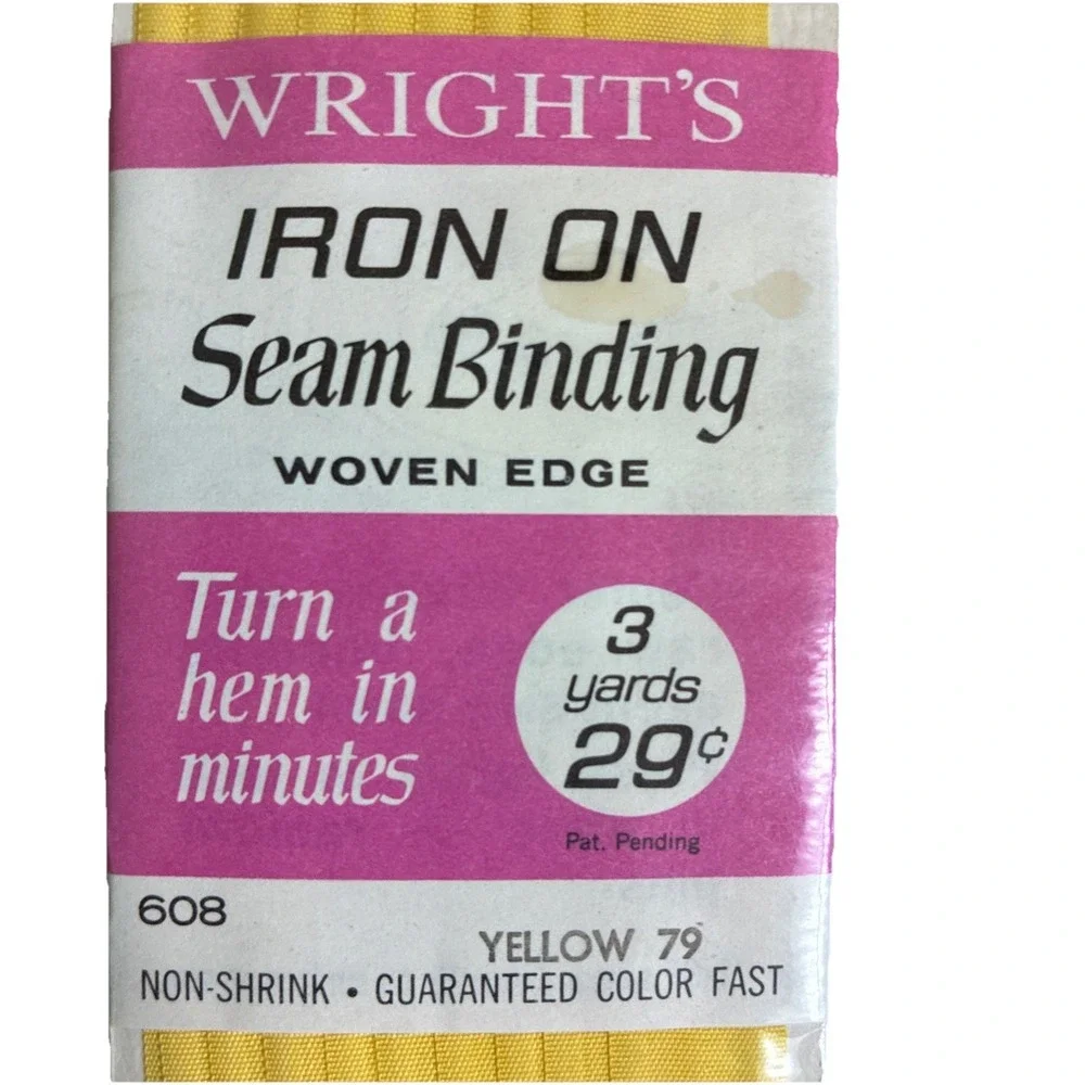 Wright's Iron On Seam Binding‎ Woven Edge 3 yds 608 Yellow 79 Rayon USA Vintage